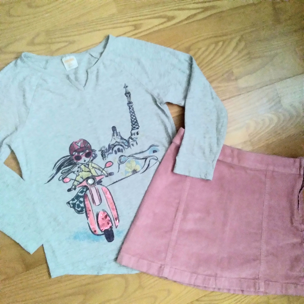 Girls Pink Crewcuts Corduroy Skirt and Gymboree Graphic Long Sleeve Tee Bundle
